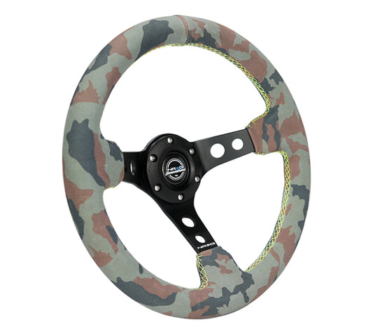 NRG Reinforced Steering Wheel (350mm / 3in. Deep) Camo Suede Mark w/ Neon Grn stitching & Blk Spoke